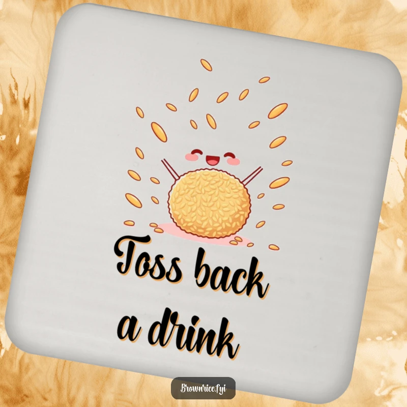Funny happy brown rice ball tossing brown rice grains in the air, a protective drink coaster with a cute cartoon design.