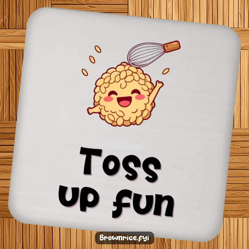 Funny Drink Coaster: A brown rice character joyfully airborne, tossed by a smiling whisk, protecting surfaces with humor.
