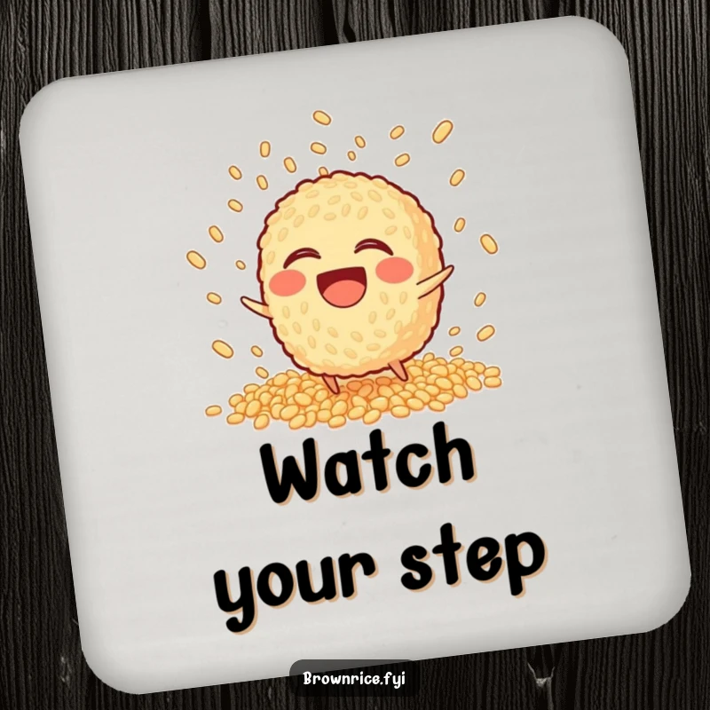 Funny Drink Coasters featuring a laughing brown rice character tripping, scattering its grains in a playful explosion.