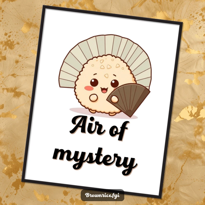 Funny mischievous brown rice ball peeking out from behind a fan, a quirky cartoon wall art poster for playful decor.