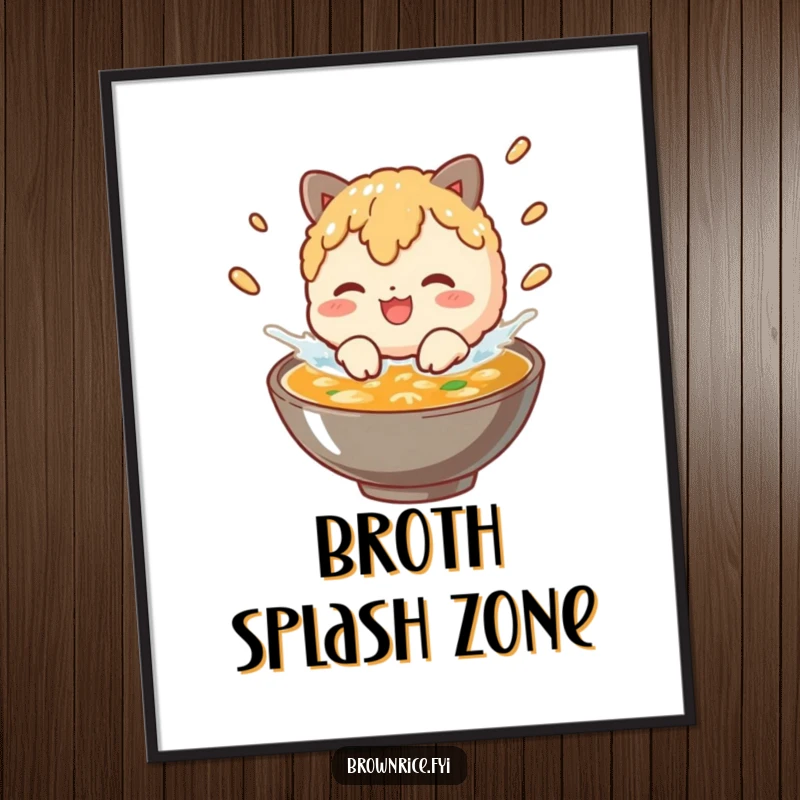 Funny brown rice character joyfully splashing in a bowl of broth, presented as humorous wall art.