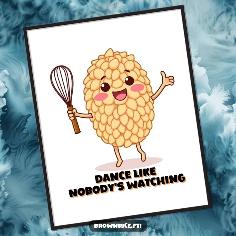 Funny poster art depicting a lively brown rice grain character dancing victoriously with a whisk, celebrating kitchen achievements.