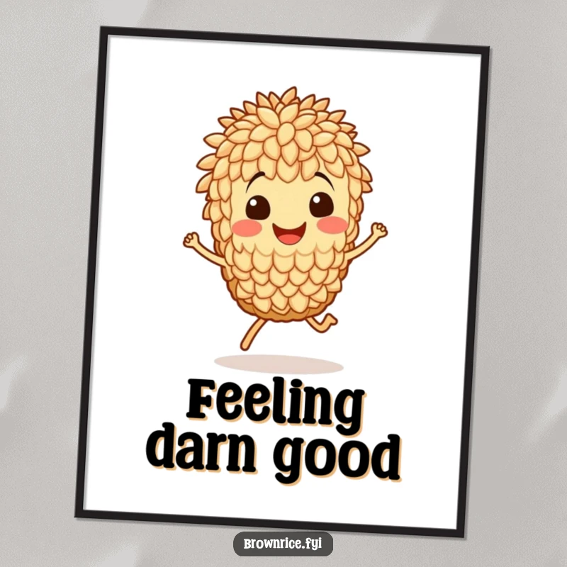 Funny poster of a happy brown rice grain character in a dynamic hop, offering a burst of playful energy.