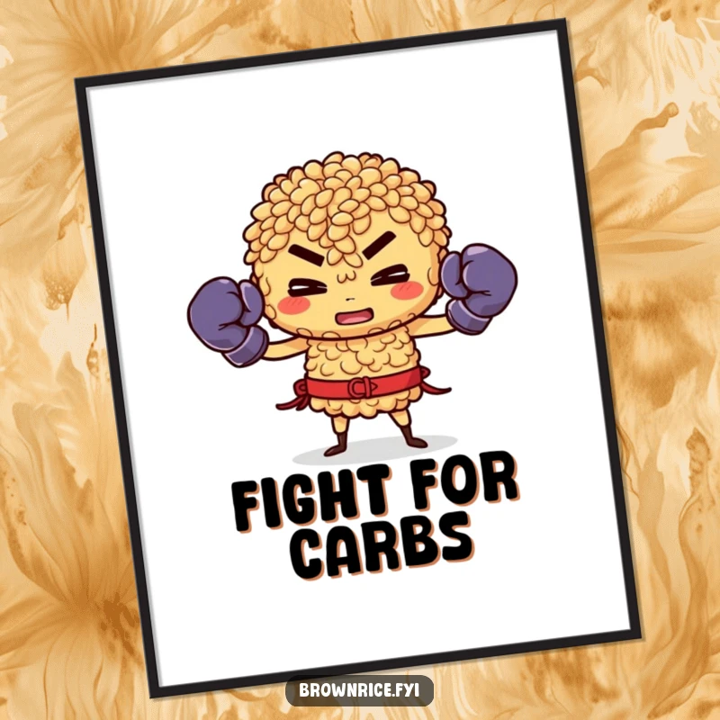 Funny Brown Rice Poster: Brown rice character in boxing gloves, ready to fight, motivational and humorous.