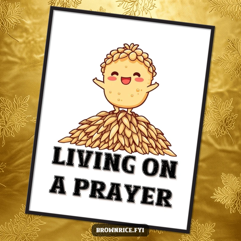 Funny poster of a brown rice character grinning while balancing on a heap of rice, excellent funny gift.
