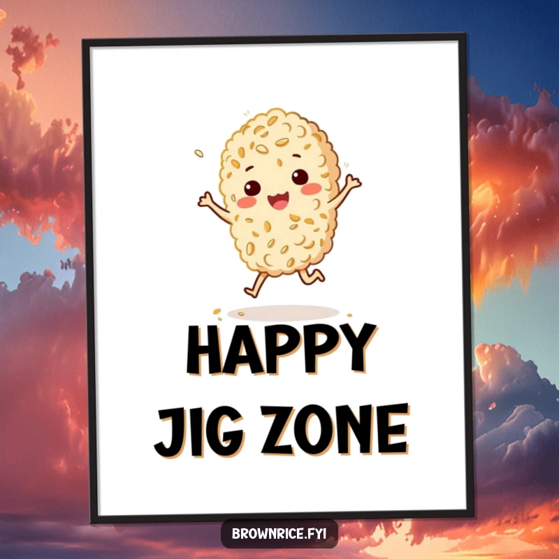 Funny poster of a brown rice grain character doing a happy, bouncy jig with a sprinkle of sesame, radiating pure, festive cheer.