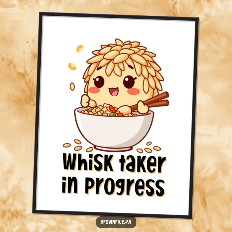 Funny poster of a brown rice grain character happily mixing ingredients in a bowl, celebrating the art of cooking with a smile.