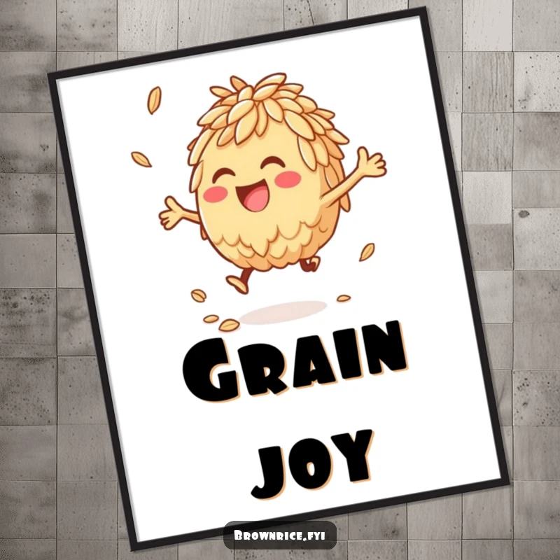 Anthropomorphic brown rice character joyfully bouncing a grain, presented as playful food art poster.