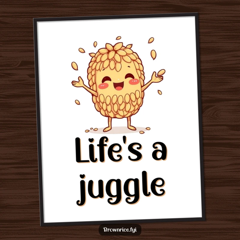 Funny poster of a happy brown rice grain character skillfully juggling multiple smaller grains, showcasing impressive coordination.