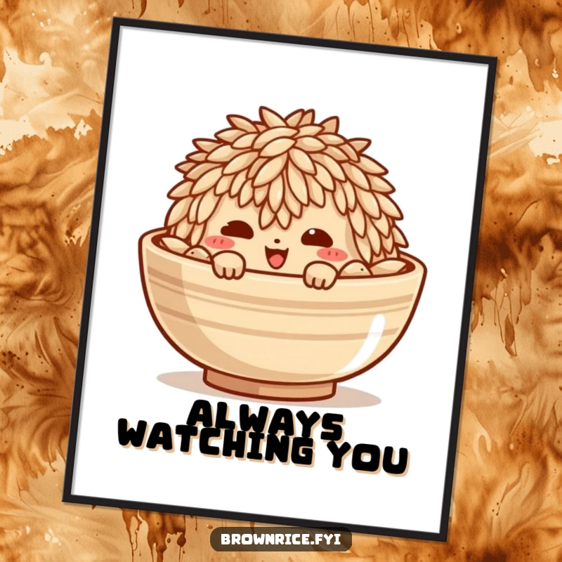 Funny poster of a mischievous brown rice grain character peeking slyly from the edge of a bowl, full of fun.