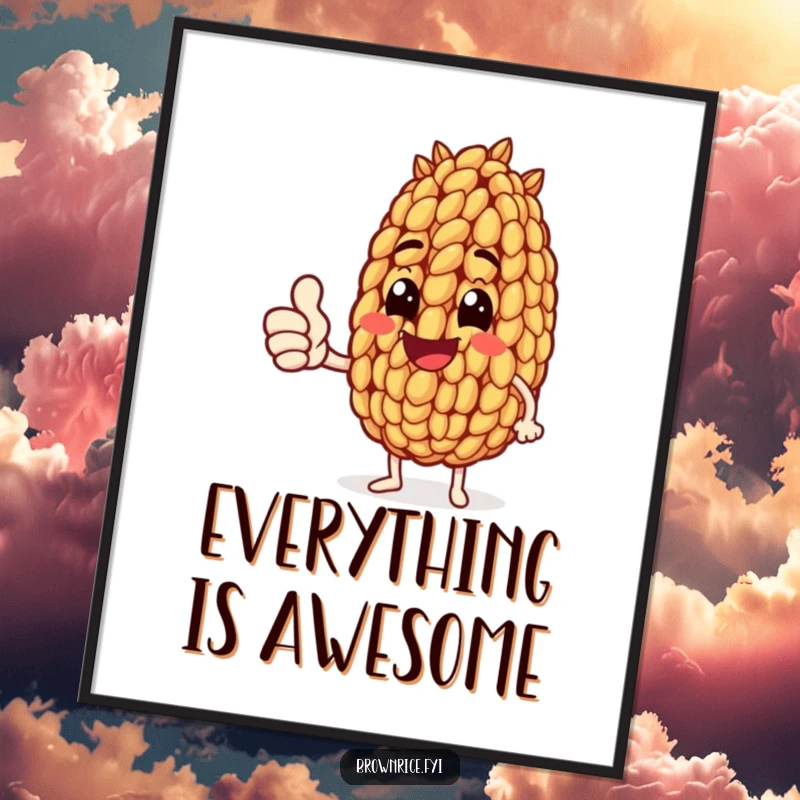 Funny poster of a brown rice grain character giving an enthusiastic thumbs up, symbolizing approval and good vibes.