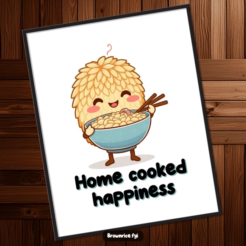Funny poster art showcasing a brown rice grain character offering a steaming bowl with an expression of deep care and heartfelt warmth.