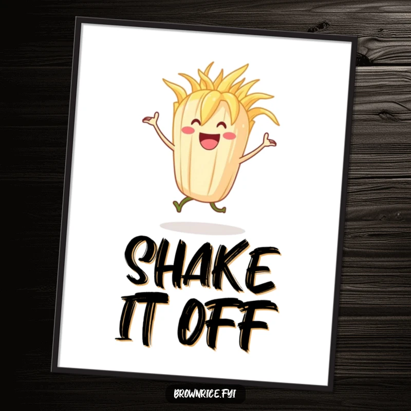 Funny grinning stalk of rice character in a wild, happy dance, presented as humorous wall art.