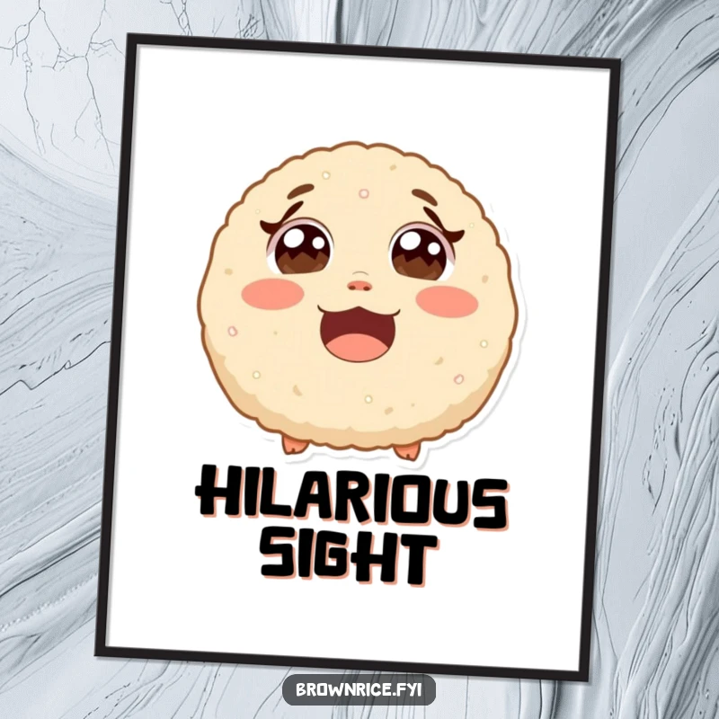 Funny surprised brown rice ball with wide eyes from laughter, a whimsical cartoon wall art poster for expressive decor.