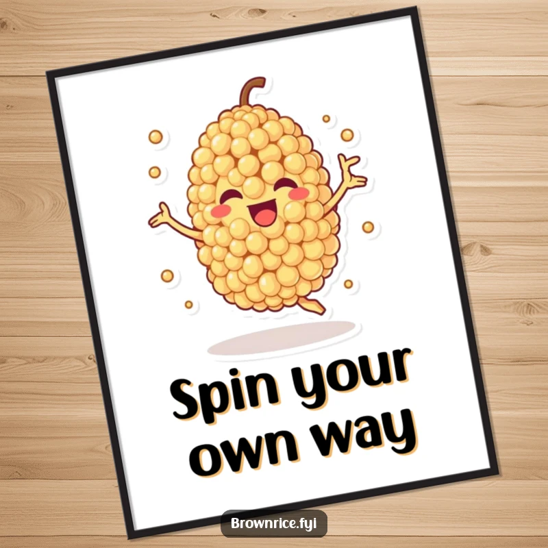 Funny poster of a quinoa grain character spinning joyfully, bringing animated fun and healthy humor to wall decor.