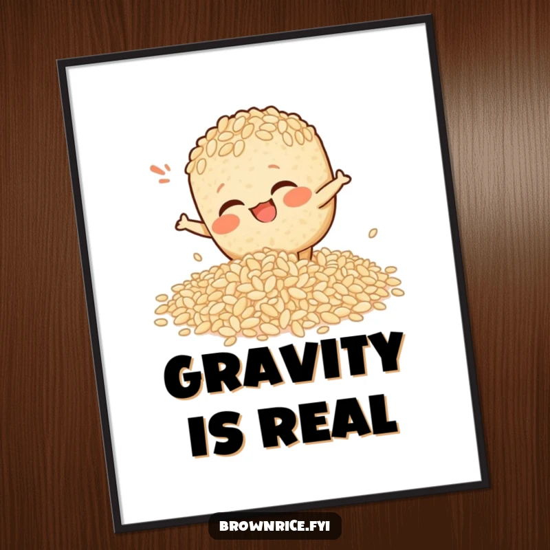 Funny poster of a brown rice character comically slipping on scattered rice, perfect wall art for a funny gift.