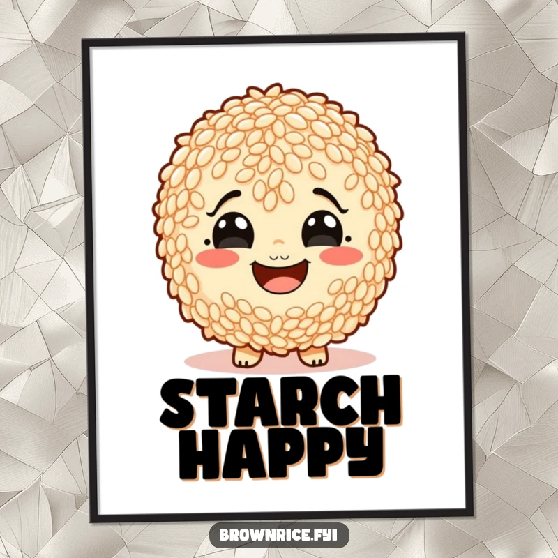Funny brown rice character with a wide, starchy smile, presented as humorous wall art.
