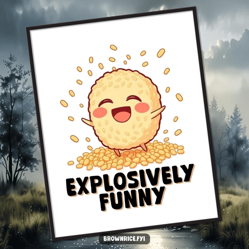 Funny Poster of a laughing brown rice character tripping and scattering its grains in a humorous explosion.