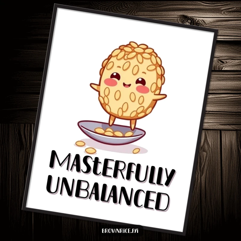 Funny wobbly brown rice grain character humorously balancing on a spoon, depicted as amusing wall art.