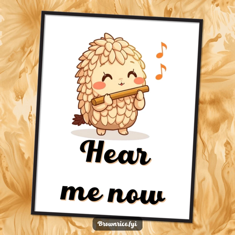 Funny Brown Rice Poster depicting a gleeful brown rice character playing a miniature flute, creating a harmonious and joyful atmosphere.