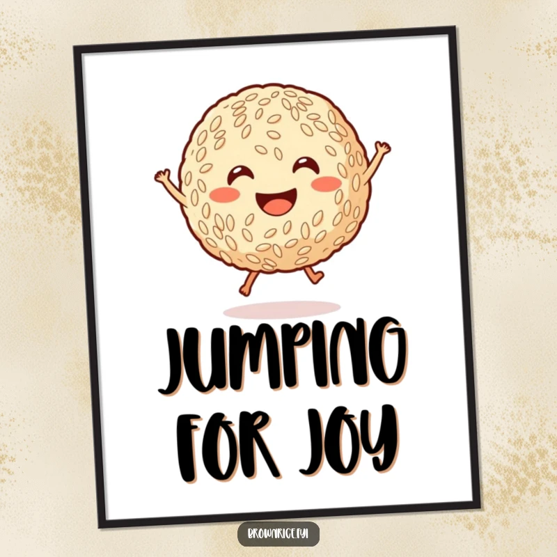 Funny smiling brown rice ball with tiny legs jumping joyfully, a whimsical cartoon wall art poster to bring laughter and cheer.