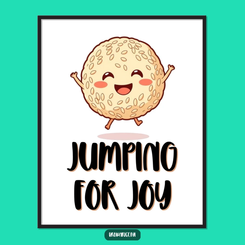 Funny Whimsical Brown Rice Ball Poster - Joyful Cartoon Jumping Wall Art for Any Room