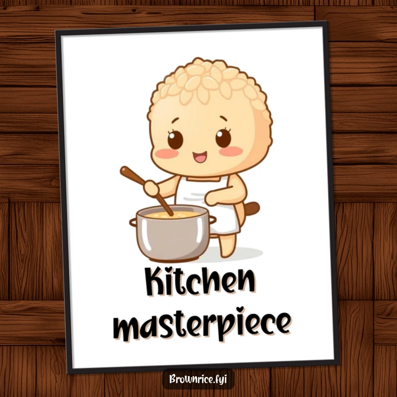 Brown rice character wearing a tiny apron, stirring a pot, presented as culinary wall art.