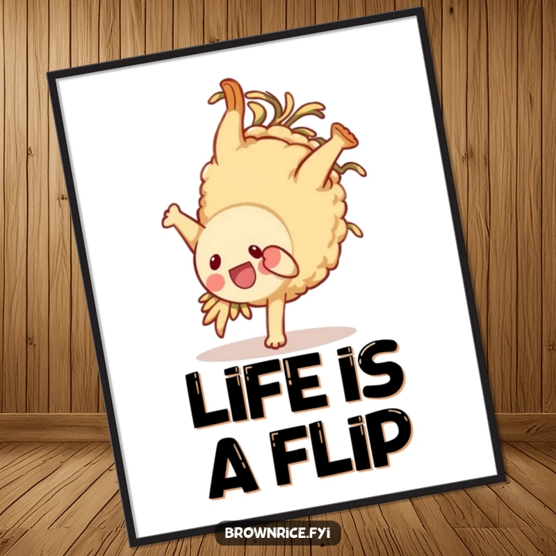 Funny brown rice character poster, in a dynamic somersault pose, radiating pure joy and playfulness, excellent humorous art.