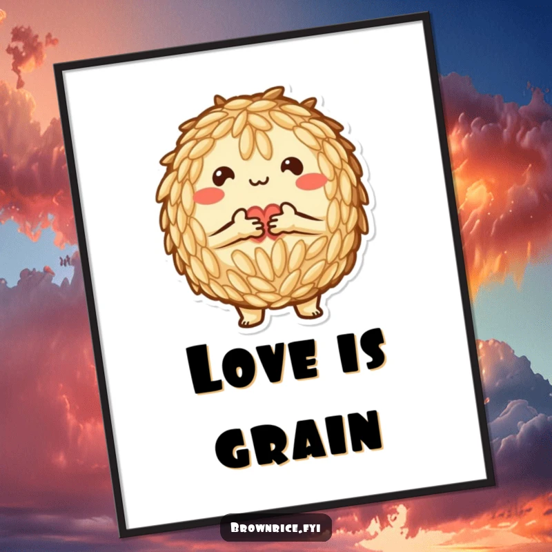 Funny Poster: A brown rice character making a heart shape with grains, symbolizing love and affection.