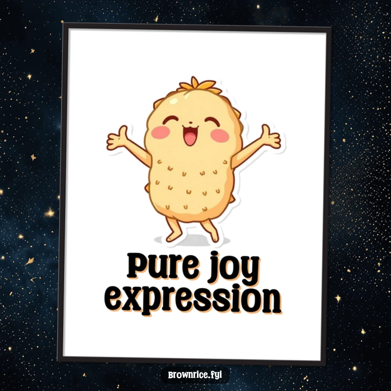 Funny poster of a brown rice character performing a jubilant dance with arms spread wide, excellent funny gift.