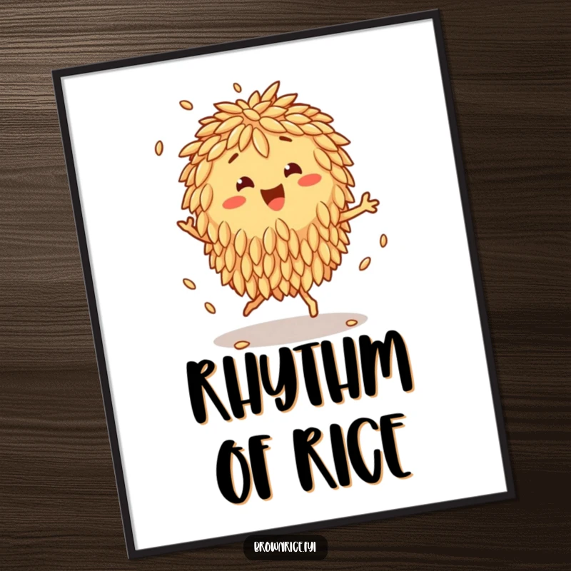Funny Poster depicting a happy brown rice cluster character doing a joyful jig, its grains bouncing rhythmically.