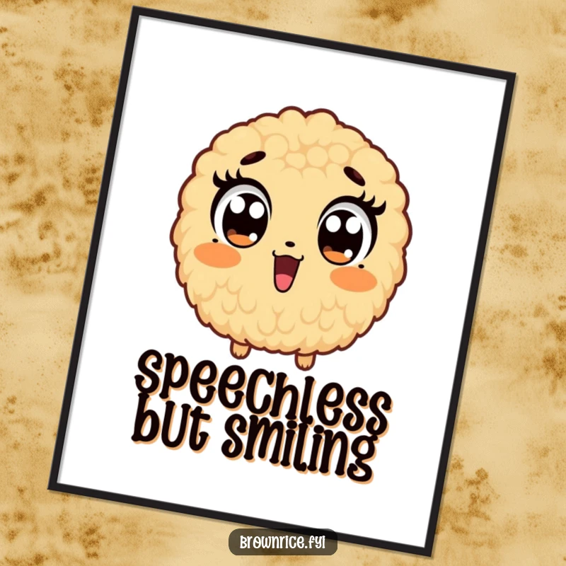 Funny poster of a brown rice grain character with comically widened eyes, conveying a humorous shock and surprise.