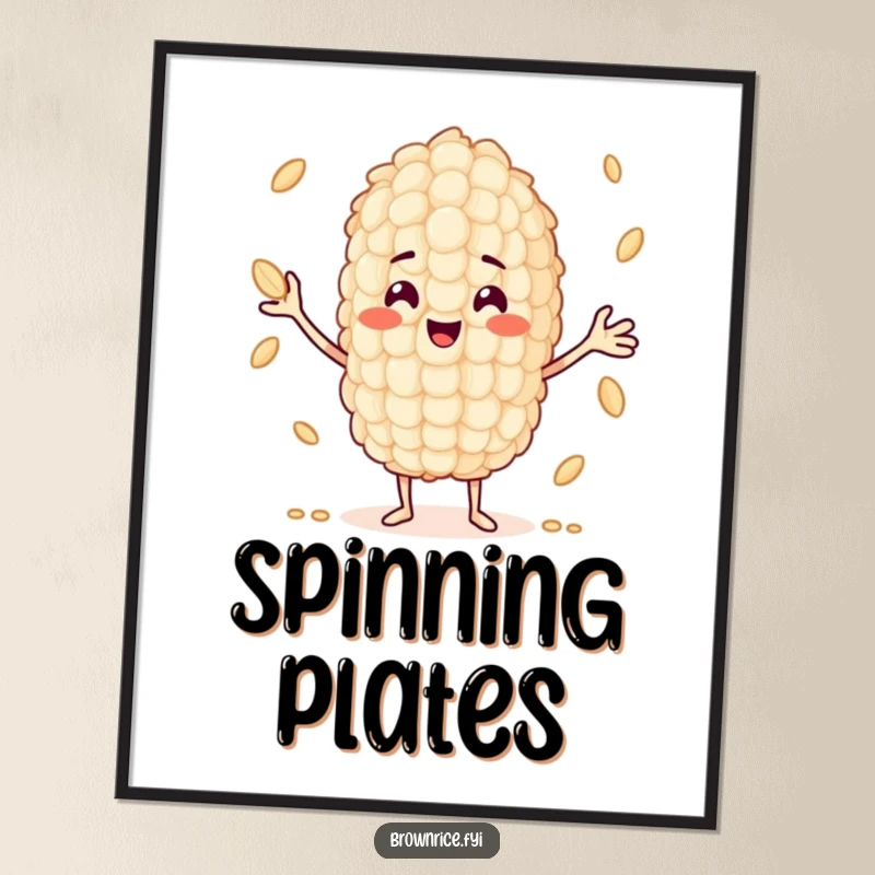 Funny rice grain character skillfully juggling multiple smaller grains, presented as humorous wall art.