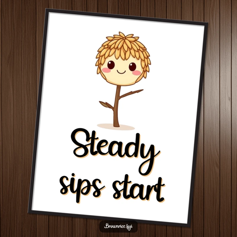 Funny smiling brown rice grain balancing delicately on a tiny twig, featured as a high-quality poster print.