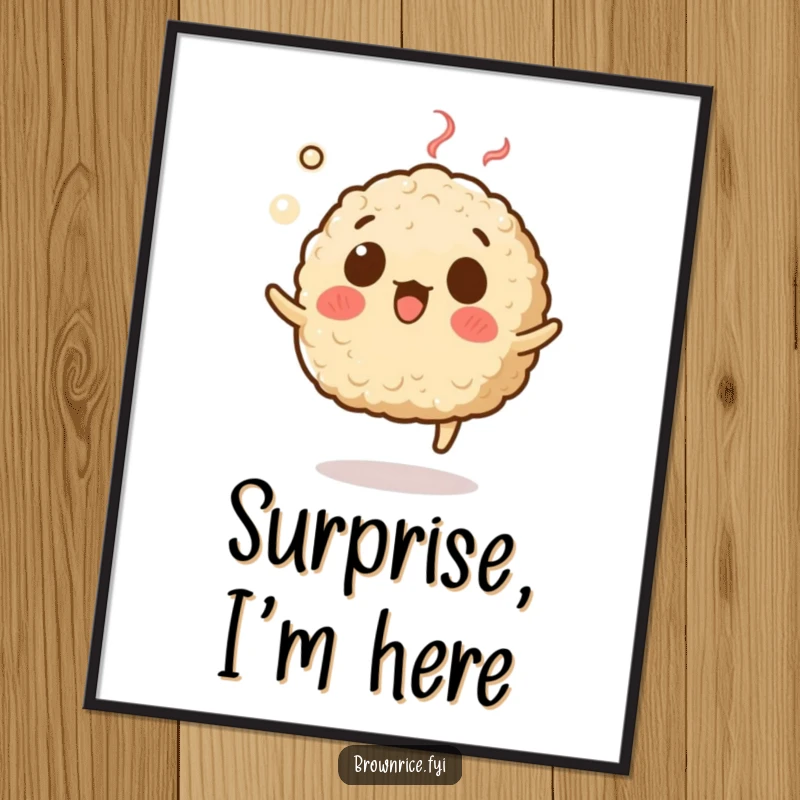 Funny poster of a brown rice grain character with a surprised expression, levitating with steam, providing humorous wall art.