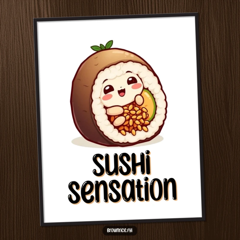 Funny playful brown rice grain character humorously sliding into a sushi roll, depicted in vibrant and fun wall art.