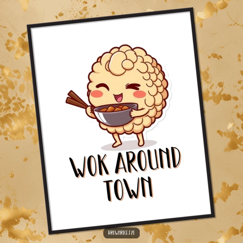 Funny poster of a brown rice grain character winking playfully while holding a mini wok, adding a touch of artful mischief.