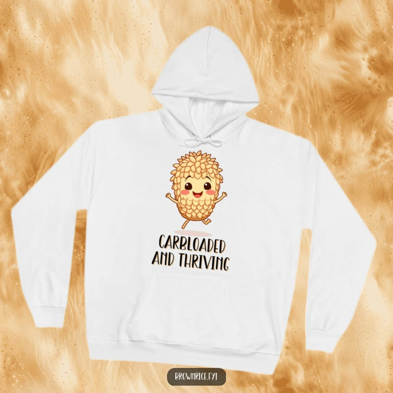 Funny hoodie showcasing a smiling brown rice grain character performing an energetic hop, guaranteed to bring smiles.