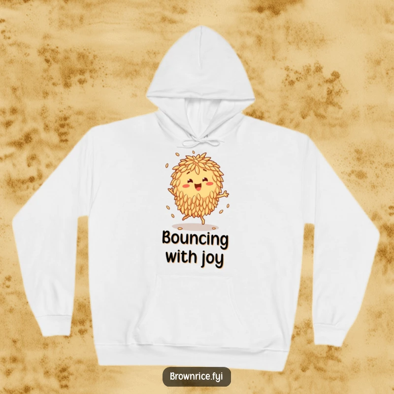 Funny Hoodie showcasing a happy brown rice cluster doing a lively jig, its grains bouncing in a rhythmic, cheerful display.