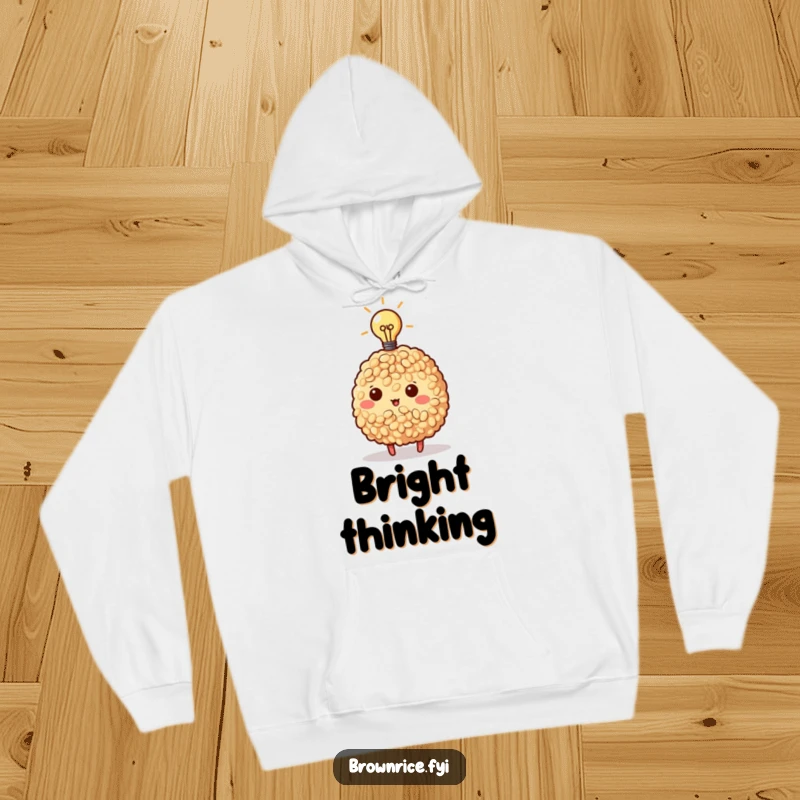 Funny Brown Rice Hoodie with a brown rice character sporting a bright lightbulb, symbolizing a moment of inspiration and genius.