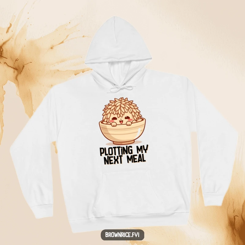Funny hoodie showcasing a mischievous brown rice grain character peeking from a bowl, adding a playful touch.
