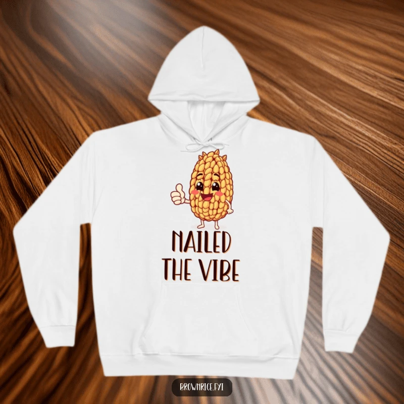 Funny hoodie featuring a brown rice grain character giving a big thumbs up, offering warmth and encouraging smiles.