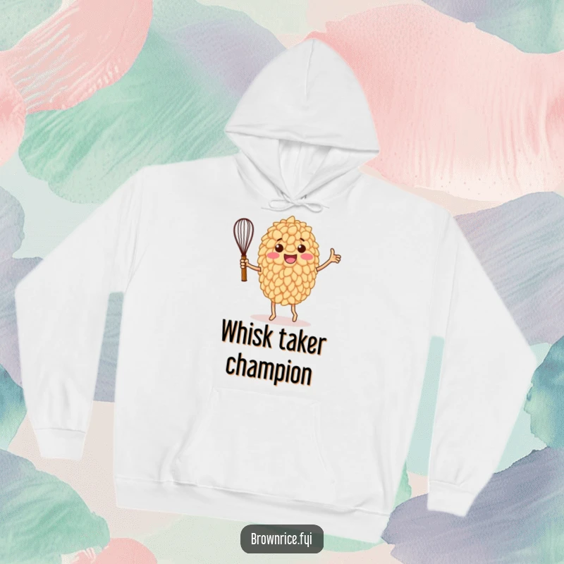 Funny hoodie with a brown rice grain character celebrating a cooking victory with a dance and a whisk, embodying pure foodie excitement.