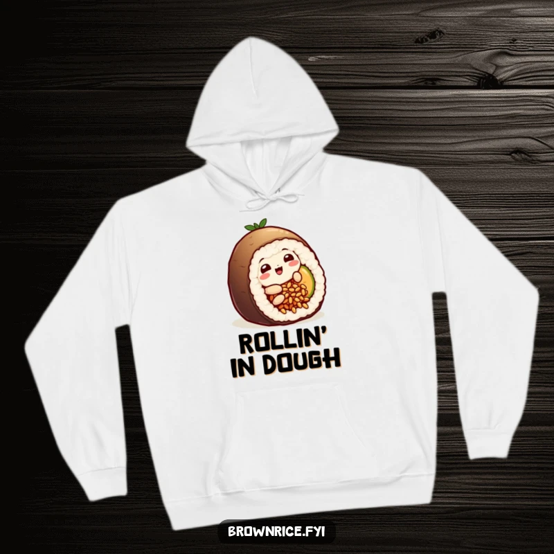 Funny playful brown rice grain character humorously sliding into a sushi roll, adding a touch of fun to a cozy hoodie.