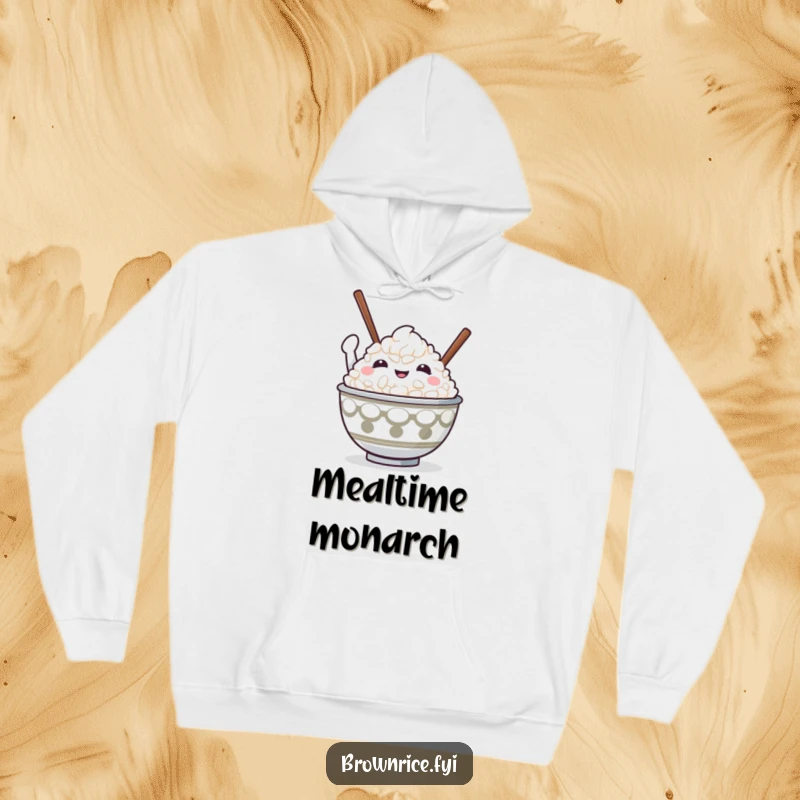 Funny rice bowl character holding chopsticks in a victorious stance, designed for a comfortable and humorous hoodie.