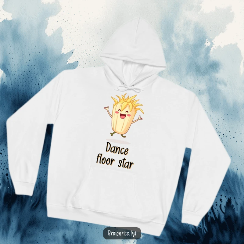 Funny grinning rice stalk character in a lively dance, featured on a cozy and humorous hoodie.