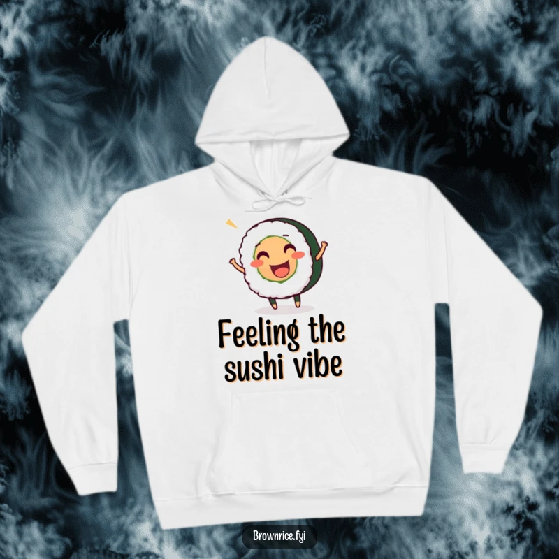 Funny hoodie featuring a smiling, wiggling sushi roll character, bringing warmth and playful energy to chilly days.