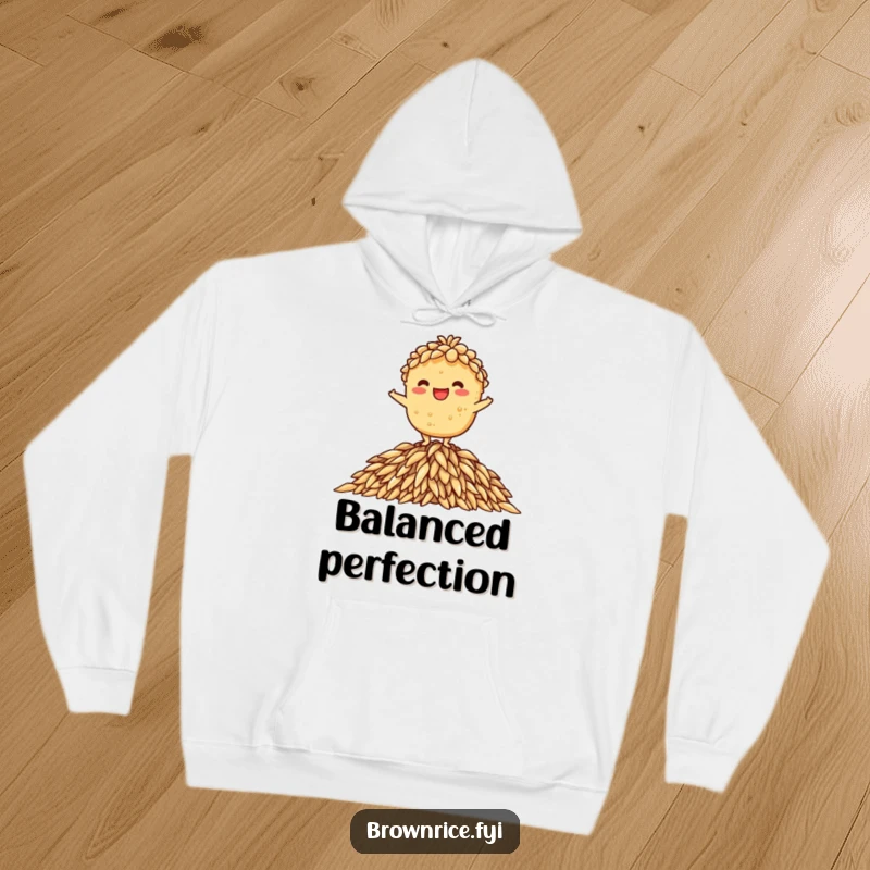 Funny hoodie showing a brown rice character with a confident grin, balanced atop a pile of rice, ideal funny gift.