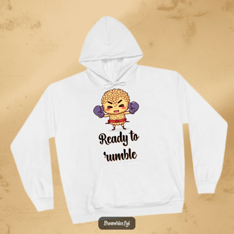 Funny Brown Rice Hoodie: Brown rice character in boxing gloves, ready to fight, warm and humorous.