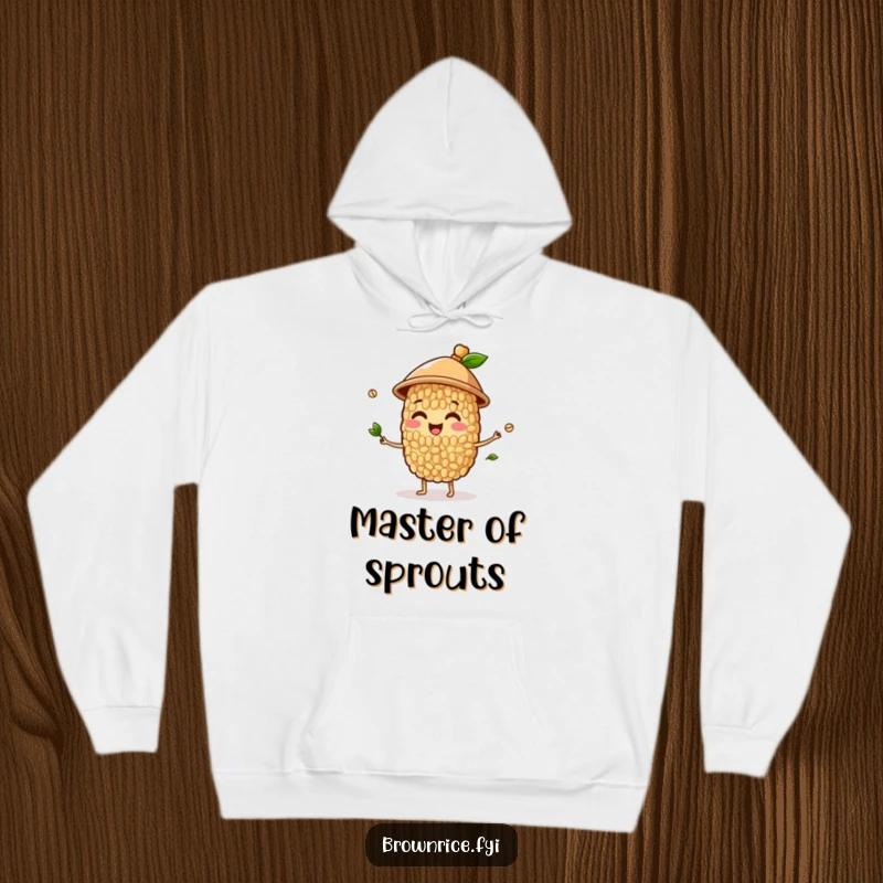 Funny hoodie displaying a happy brown rice grain character wearing a hat and juggling sprouts, perfect for cozy entertainment.